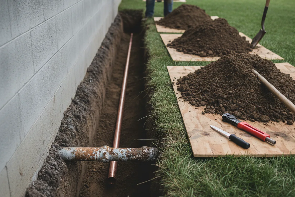 Excavated water line trench during Sewer Line Repair in Mendocino